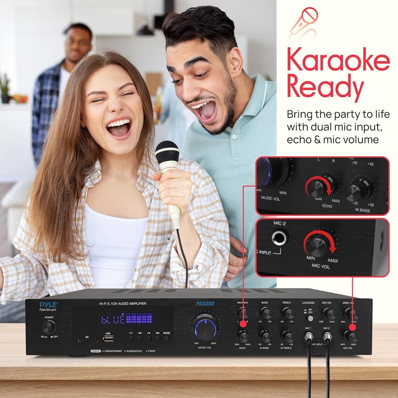 Pyle Bluetooth Audio Amplifier - Home Stereo Receiver with 5 Channels and Subwoofer Out - MP3/USB/SD - AUX - FM Radio - 2 Mic Inputs w/ Echo - VFD Display - Remote Control - PDA8BU - Image 5